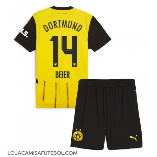 Camisa de Futebol Borussia Dortmund Maximilian Beier #14 Equipamento Principal Infantil 2024-25 Manga Curta (+ Calças curtas)